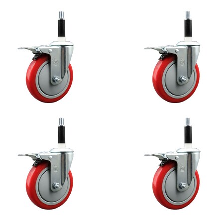 Service Caster 5'' Red Poly Swivel 7/8'' Expanding Stem Caster Set Total Lock Brake, 4PK SCC-EXTTL20S514-PPUB-RED-78-4